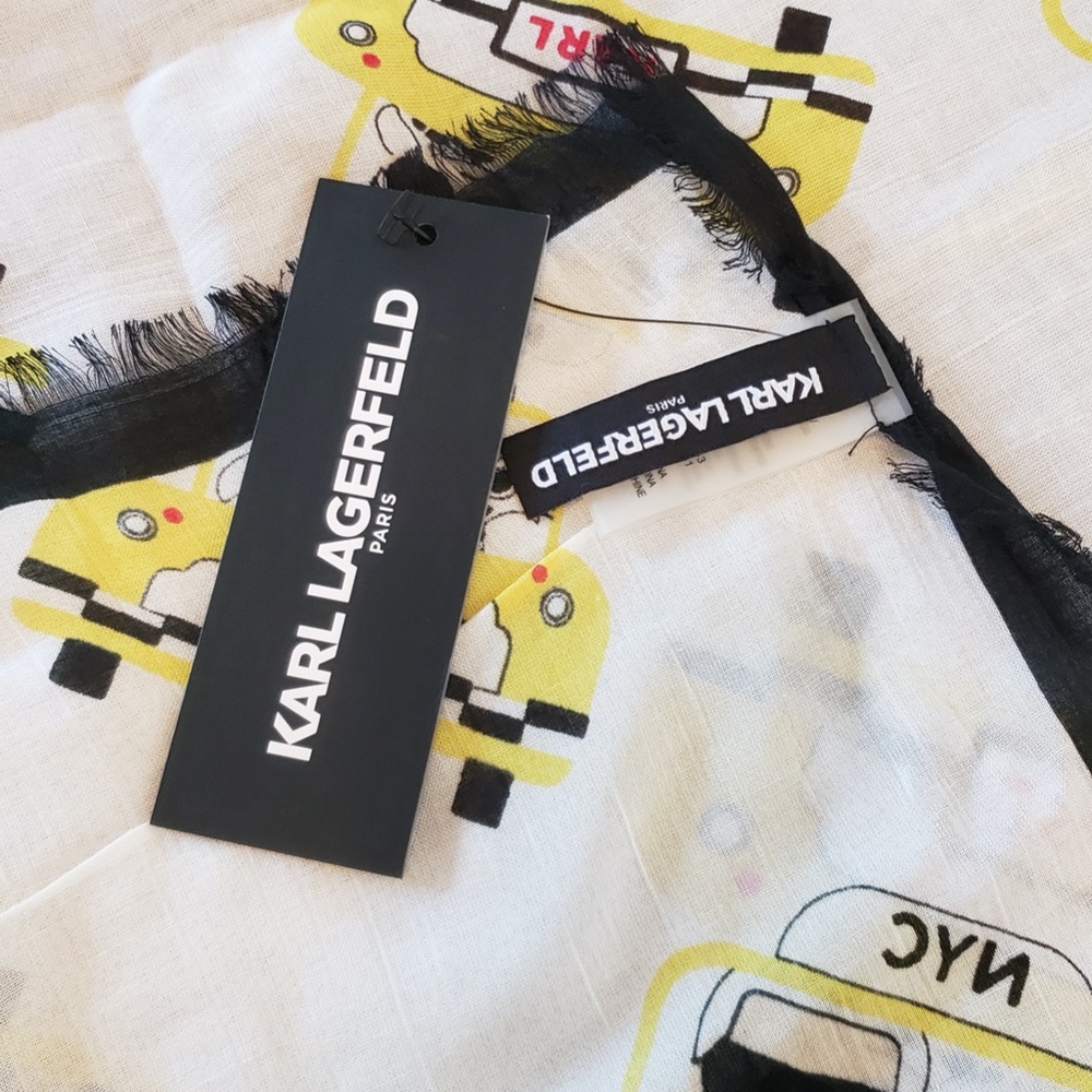 NWT Karl Lagerfeld Ikonik Print Silk Modal Large Square Frayed Edges Black Scarf - Picture 12 of 15